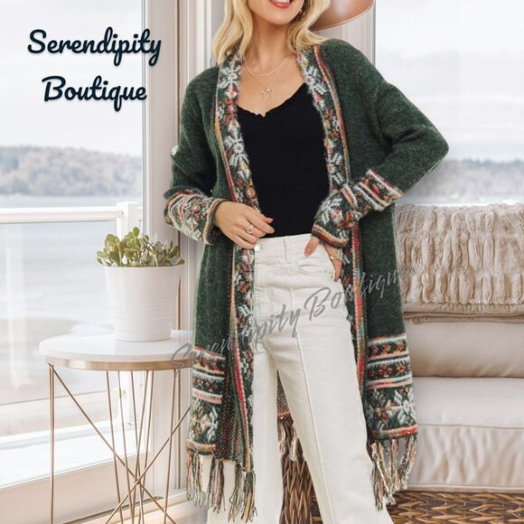 Jade Green Tribal Print Jacquard Knit Fringe Comfy Long Sweater Duster Cardigan - Picture 3 of 9